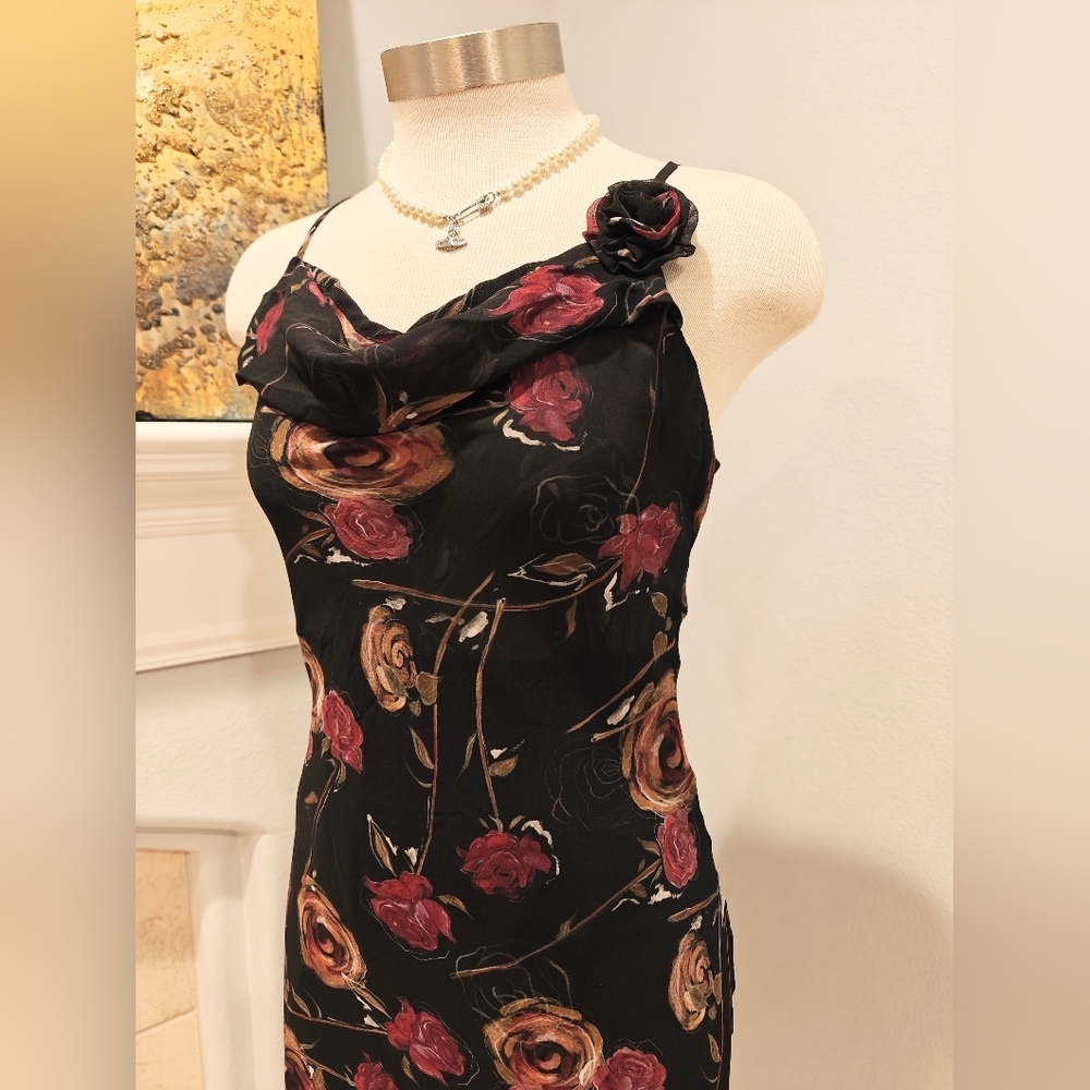 Elegant black floral slip dress with rose print.